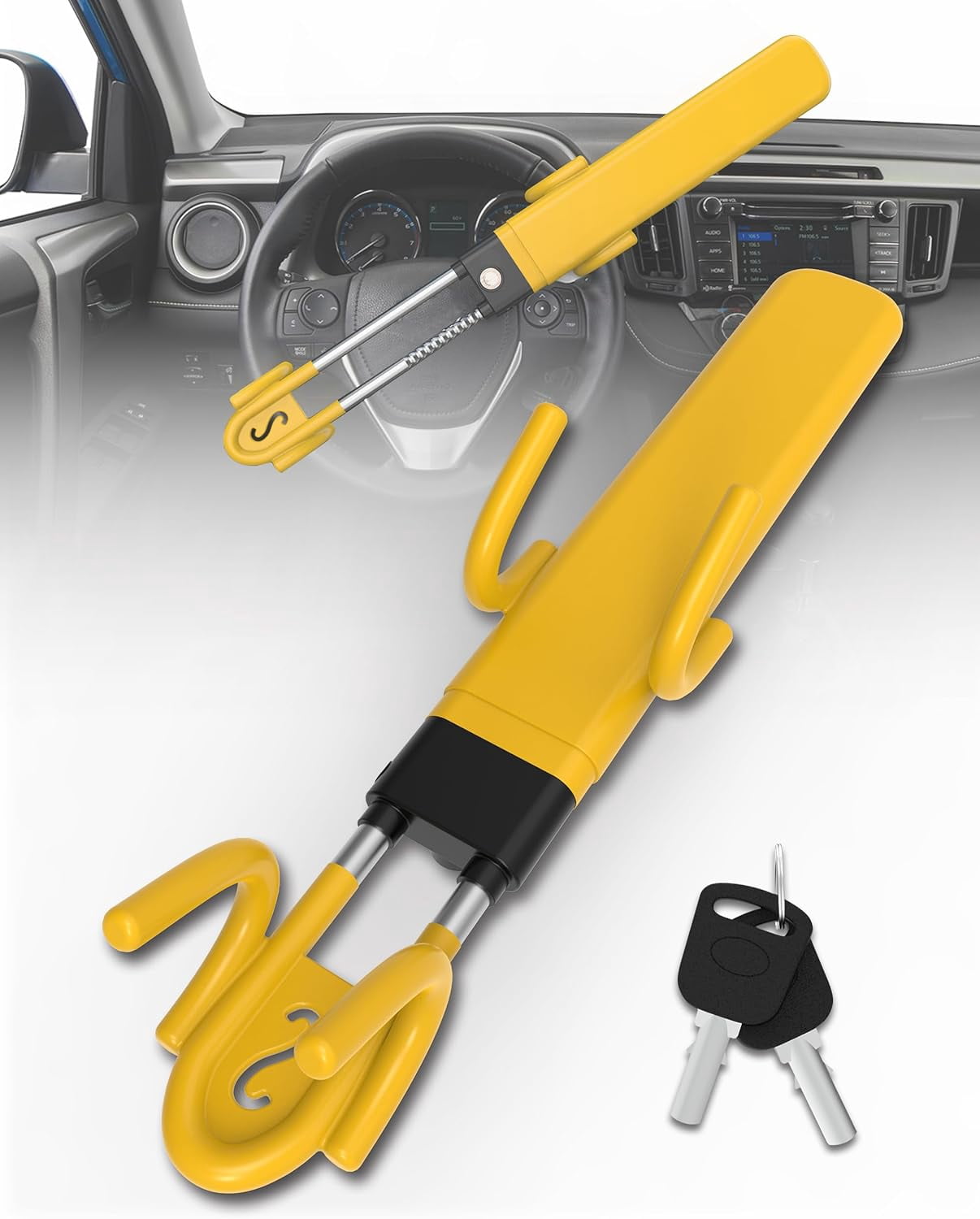 RETRUE Steering Wheel Lock – Heavy Duty Anti-Theft Car Lock with Dual Hook Adjustable Bar, High-Visibility Yellow Rubber Coating with Reinforced Steel, Fits 6–11 in Steering Wheels (Yellow