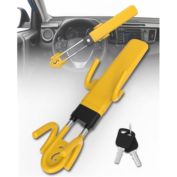 RETRUE Steering Wheel Lock Heavy Duty Anti-Theft Car Lock with Dual Hook Adjustable Bar, High-Visibility Yellow Rubber Coating with Reinforced Steel, Fits 611 in Steering Wheels (Yellow