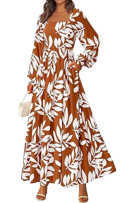 RETTYGARDEN Women Floral Maxi Dresses Fall Long Sleeve Square Neck Boho A Line Wedding Guest Casual Flowy Long Dress