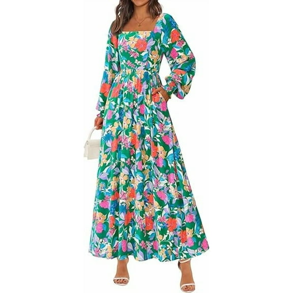 RETTYGARDEN Women Floral Maxi Dresses Fall Long Sleeve Square Neck Boho A Line Wedding Guest Casual Flowy Long Dress