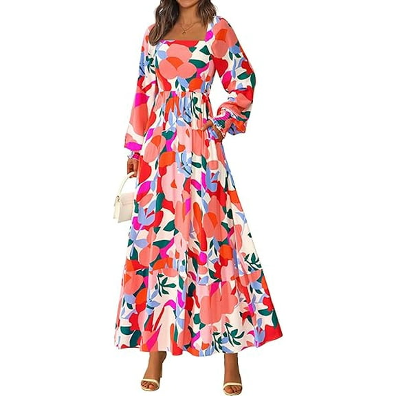 RETTYGARDEN Women Floral Maxi Dresses Fall Long Sleeve Square Neck Boho A Line Wedding Guest Casual Flowy Long Dress