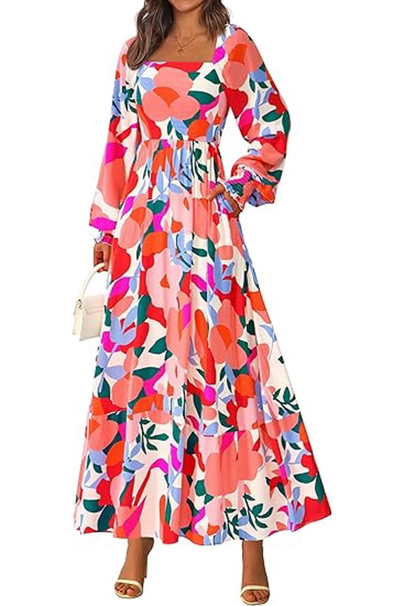 RETTYGARDEN Women Floral Maxi Dresses Fall Long Sleeve Square Neck Boho A Line Wedding Guest Casual Flowy Long Dress