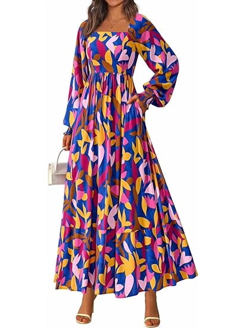 RETTYGARDEN Women Floral Maxi Dresses Fall Long Sleeve Square Neck Boho A  Line Wedding Guest Casual Flowy Long Dress - Walmart.com