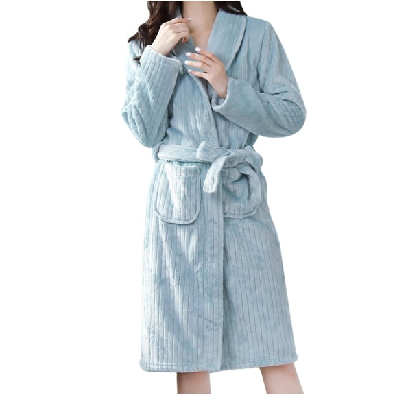 REUFTI Ladies Flannel Color Vertical Lines Bandage Pocket Warm Pajamas Nightgown,Womens Sleepwear Robes,Nightgowns For Women,Warm Sleeping Robe,Comfortable Sleeping Robe,Soft Nightgown,Home Robe