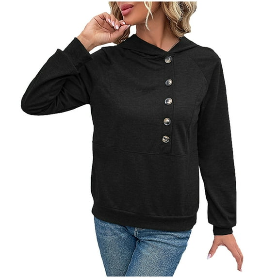 REUFTI Women's Casual Fashion Long-Sleeve Hooded Sweatshirt Pullover Solid Color Buttons Tops,Sweatshirts For Women,Sweatshirts For Women Clearance Under $10.00,Winter And Autumn Hoodies,Hoodie
