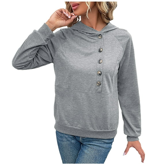 REUFTI Women's Casual Fashion Long-Sleeve Hooded Sweatshirt Pullover Solid Color Buttons Tops,Sweatshirts For Women,Sweatshirts For Women Clearance Under $10.00,Winter And Autumn Hoodies,Hoodie