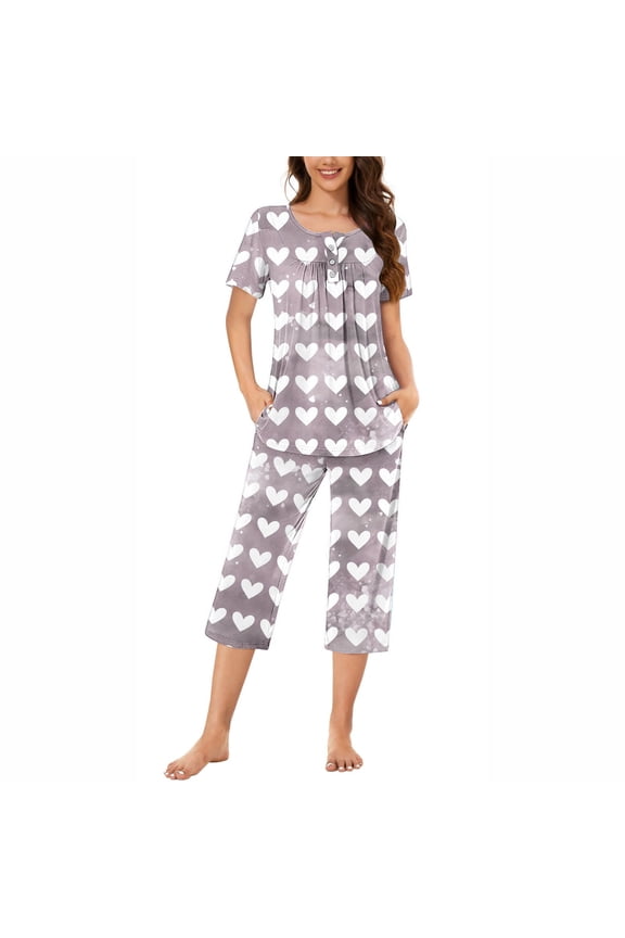 Women's Round Neck Heart Print Short Sleeve Sleepshirt And Pants Sets Loungewear Pajamas With Pockets,Pajamas For Women,Pajamas,Provide Comfort,Promote Good Sleep,Relax Your Body