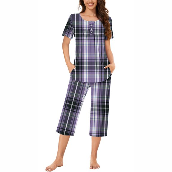 REUFTI Women's Round Neck Lattice Print Short Sleeve Sleepshirt And Pants Sets Loungewear Pajamas With Pockets,Pajamas For Women,Pajamas,Provide Comfort,Promote Good Sleep,Relax Your Body