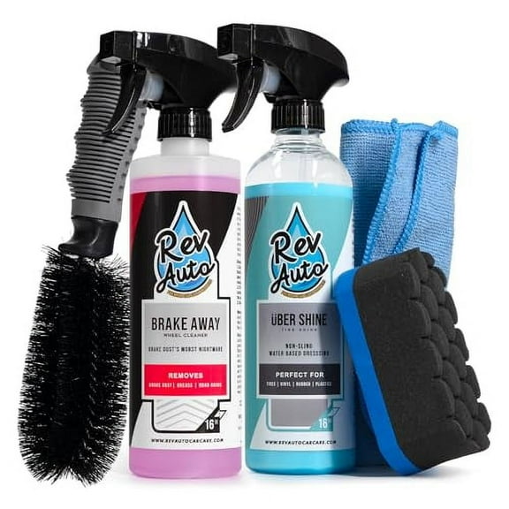 REV Auto Complete Wheel Cleaning Kit - 5 Item Car Washing Kit Includes Car Wheel and Tire Cleaner, Wheel Brush, Tire Shine, Tire Shine Applicator, and Drying Towel - Ideal for All Wheels & Tires