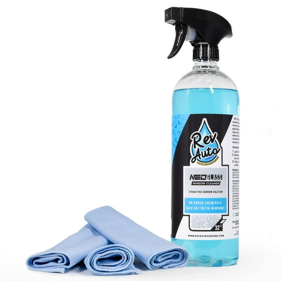 REV Auto Window Cleaning Kit - Includes Automotive Window Cleaner and Drying Towels | Auto Windshield Cleaner | Ammonia Free Window Cleaner | Tint Safe Windshield Cleaner (32 Fl Oz and 3 Towels)