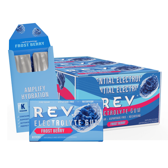 REV Electrolyte Gum, Frost Berry, Sugar-Free with Essential Electrolytes, 12 Count