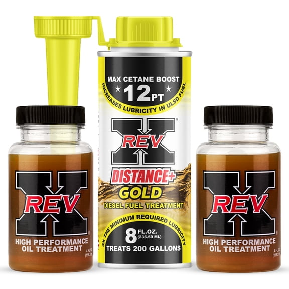 REV X Diesel Gold Kit with Original Stiction Fix Oil Additive and 8 fl oz Distance+ Gold Fuel Treatment