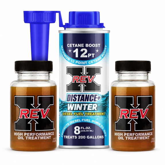 REV-X Diesel Winter Kit with Original Stiction Fix Oil Additive and 8 fl oz Distance+ Winter Fuel Treatment