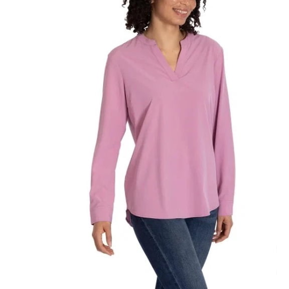 REV3 Women's Long Sleeve V-Neck Blouse | Pink, Medium