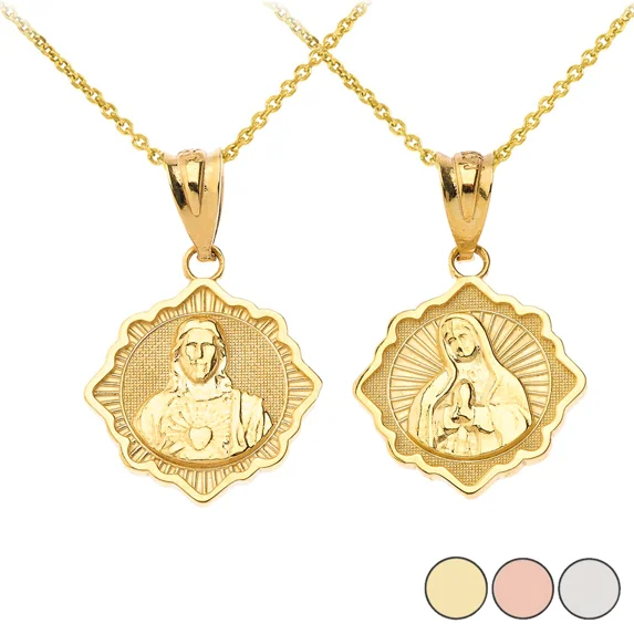 REVERSIBLE VIRGIN MARY AND JESUS CHRIST PENDANT NECKLACE IN SOLID GOLD (YELLOW/ROSE/WHITE)