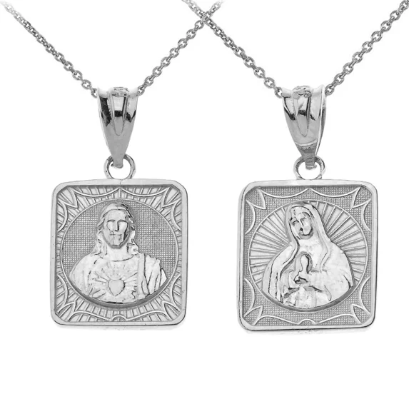 REVERSIBLE VIRGIN MARY AND JESUS CHRIST SQUARE PENDANT NECKLACE IN STERLING SILVER - Pendant with 20" chain