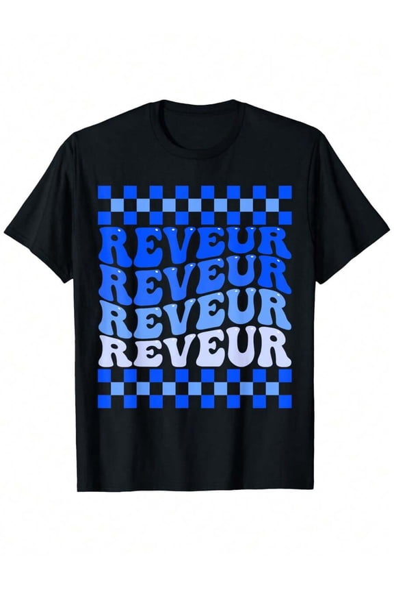 REVEUR Blue Retro Graphic T-Shirt, Unisex Cotton Casual Round Neck Short Sleeve Tee With Checkered Pattern & Stylish Typography, 100% Cotton, S-XXXL, Perfect For Casual Attire, Vintage T Shirts-100%
