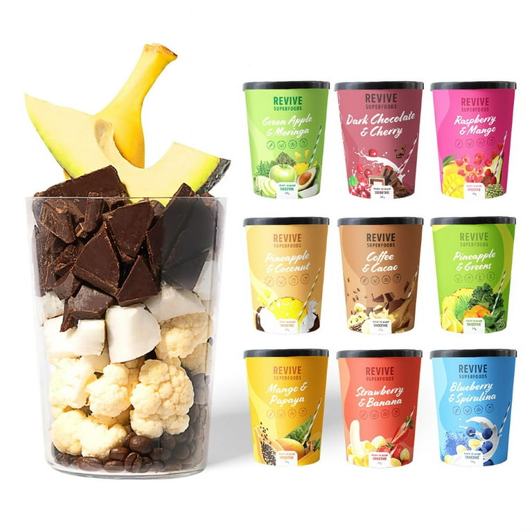 REVIVE SUPERFOODS Plant Based Frozen Fruit Smoothie Kit - 9 Pack Smoothies  Variety Pack with Pineapple, Kale, Coffee, Cacao, Coconut, Strawberry