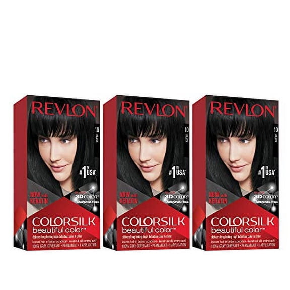 REVLON Colorsilk Beautiful Color Permanent Hair Color with 3D Gel Technology & Keratin, 100% Gray Coverage Hair Dye, 10 Black, 4.4 Ounce (Pack of 3)