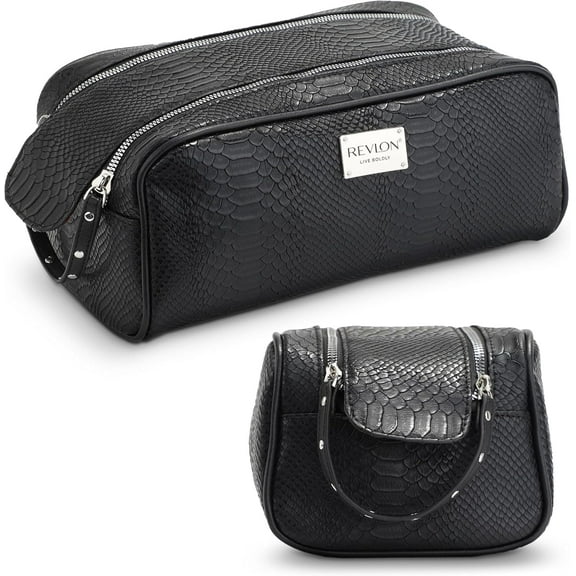 REVLON Croc Embossed Makeup Pouch, Makeup Organizer Bag & Travel Case for Women, Onyx
