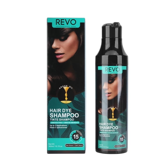 REVO Professional Care Hair Dye Shampoo 3-in-1 for Gray Hair Coverage, Permanent Herbal Liquid with Argan Oil, Dark Brown, 300ml