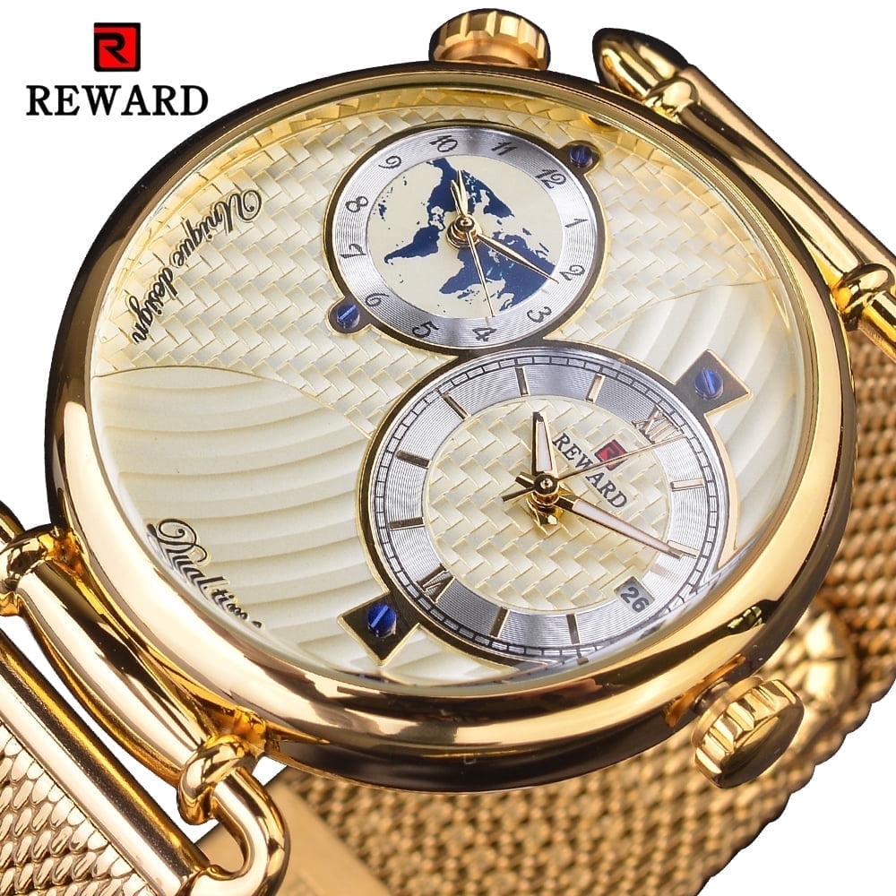 REWARD 2025 Men Watches Golden Classic Vintage Watch For Business Quartz Wristwatch With Gift Box Dual time zone, luminous, Waterproof, Calendar