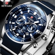 REWARD Men s Sport Chronograph Quartz Watch, Silver Stainless Steel Case, Blue Dial, Blue Silicone & Metal Hybrid Strap, Luminous Waterproof Analog Wrist Watch with Date Window