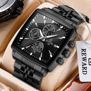 REWARD Men s Square Chronograph Quartz Watch, All Black Stainless Steel Bracelet, Black Dial, Luminous Hands, Date Display, Waterproof Fashion Business Wrist Watch for Men