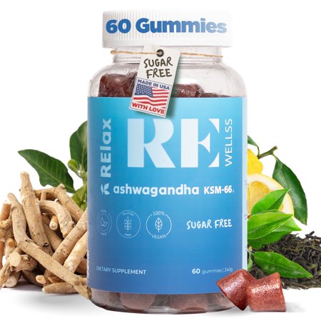 REWELLSS Ashwagandha Gummies KSM-66 with L-Theanine and Vitamin D - Daily Use Sugar Free, Relaxation & Stress Support, Blueberry Flavor - Made in USA