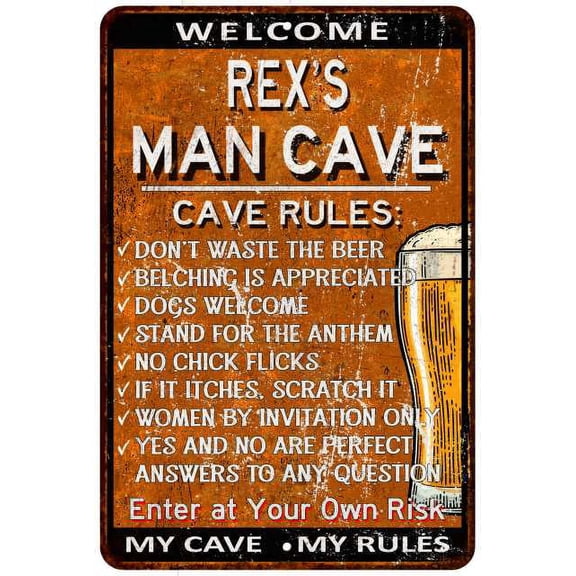 REX'S Man Cave Rules Rusty Sign Garage Decor 8 x 12 High Gloss Metal 208120051024