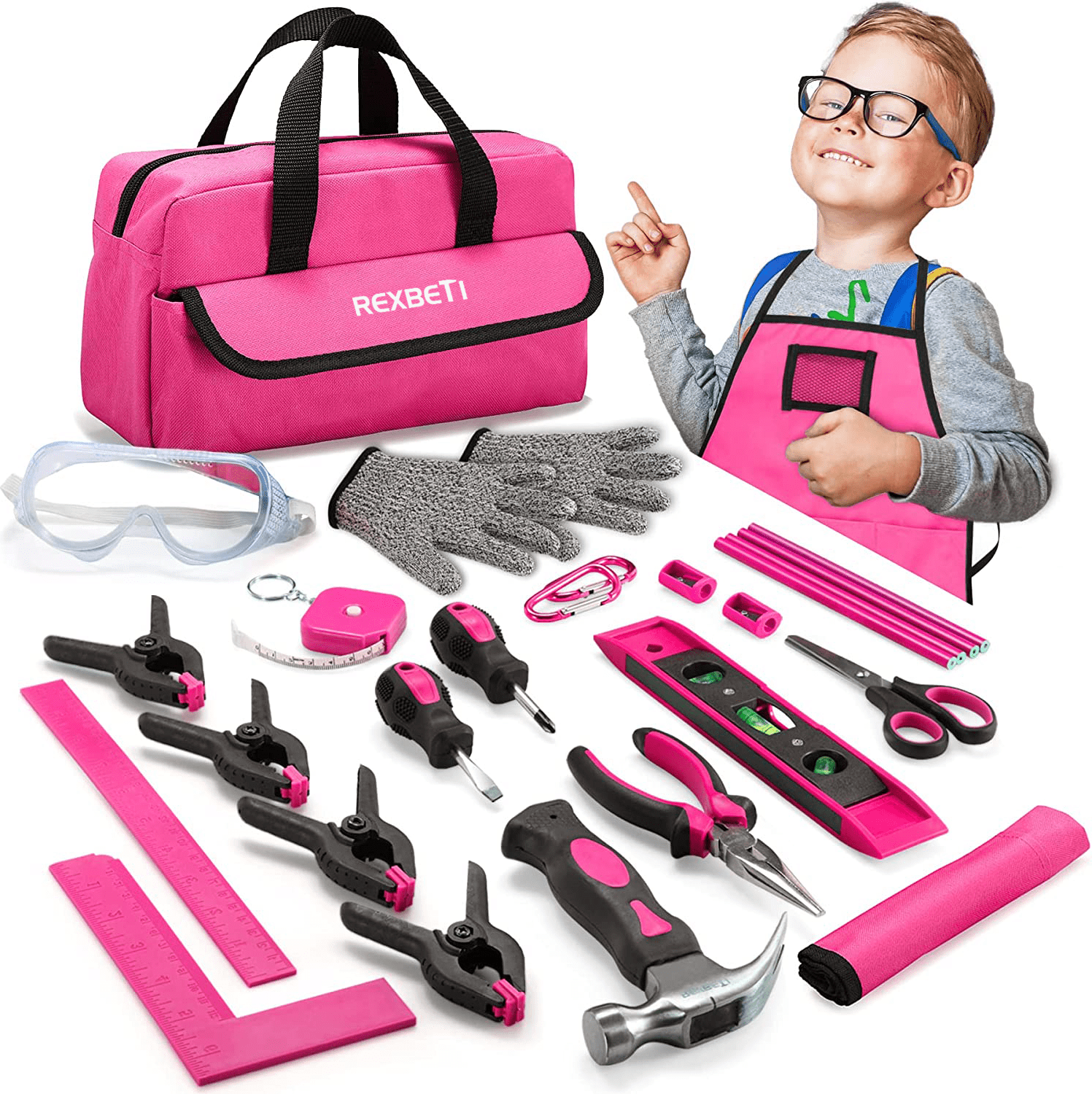 REXBETI 18pcs Pink Young Builder's Tool Set with Real Hand Tools, Rein