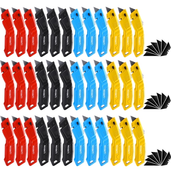 REXBETI 36 Pack Utility Knife Retractable Box Cutter, 4 Color Heavy Duty Aluminum Shell Knife Sets with Extra 30pc SK5 Blades for Cartons, Cardboard and Boxes