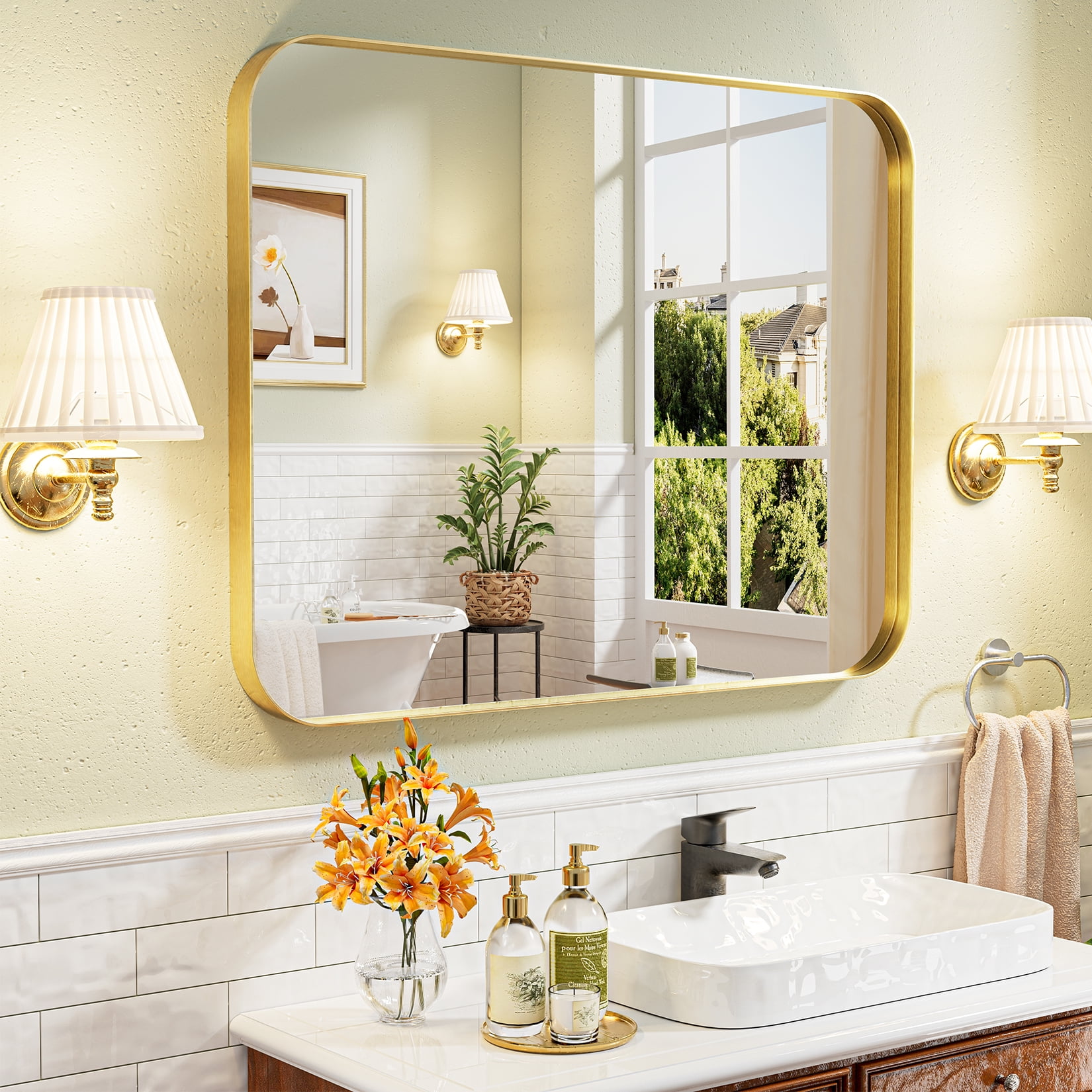REYPEK Gold Bathroom Mirror 40x30 Inch, Gold Wall Mirror Brass Brushed