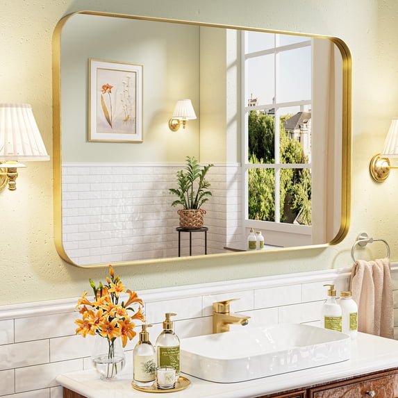 REYPEK Gold Bathroom Mirror 48x30 Inch, Gold Wall Mirror Brass Brushed Metal Frame Mirror Large Rounded Rectangle Mirror for Bathroom, Bedroom, Vanity, Entryway, Living Room, Horizontal/Vertical