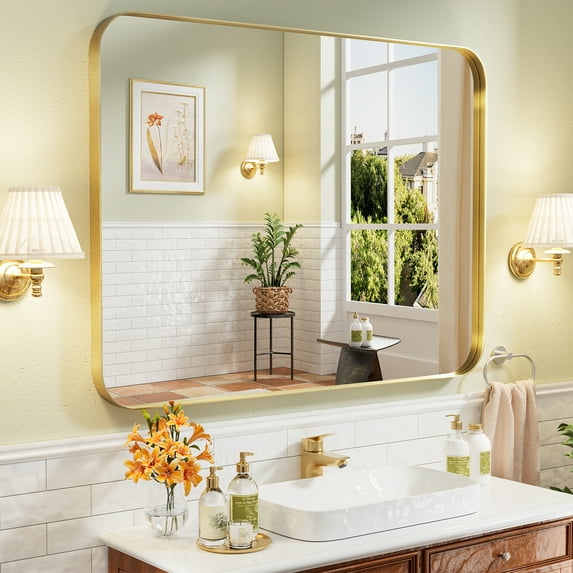 REYPEK Gold Bathroom Mirror 48x36 Inch, Gold Wall Mirror Brass Brushed Metal Frame Mirror Large Rounded Rectangle Mirror for Bathroom, Bedroom, Vanity, Entryway, Living Room, Horizontal/Vertical