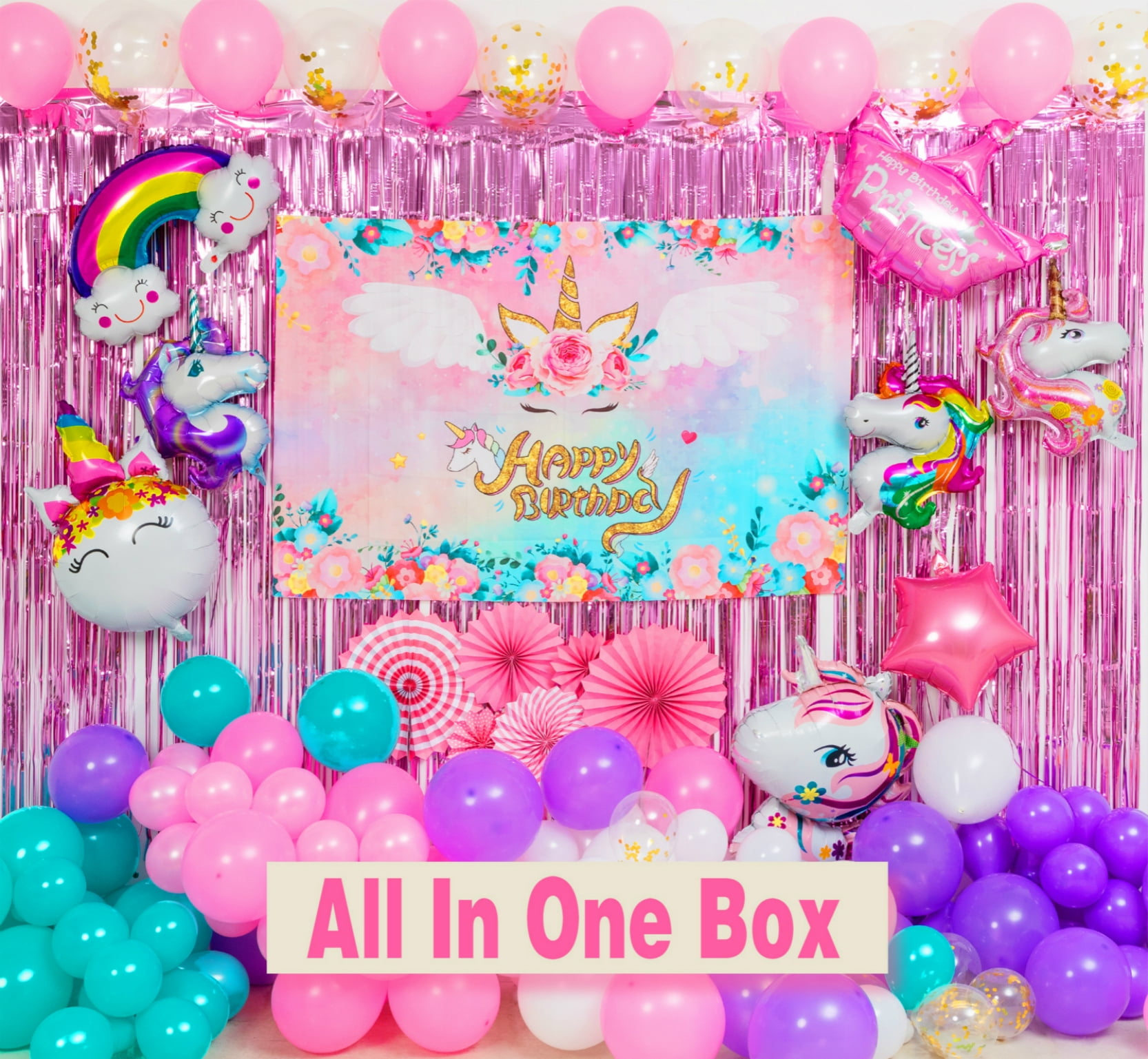 LFVIK Unicorn Birthday Decorations for Girls,Unicorn Theme Party  Supplies,Customized Backdrop,Unicorn Foil Balloon,Happy Birthday