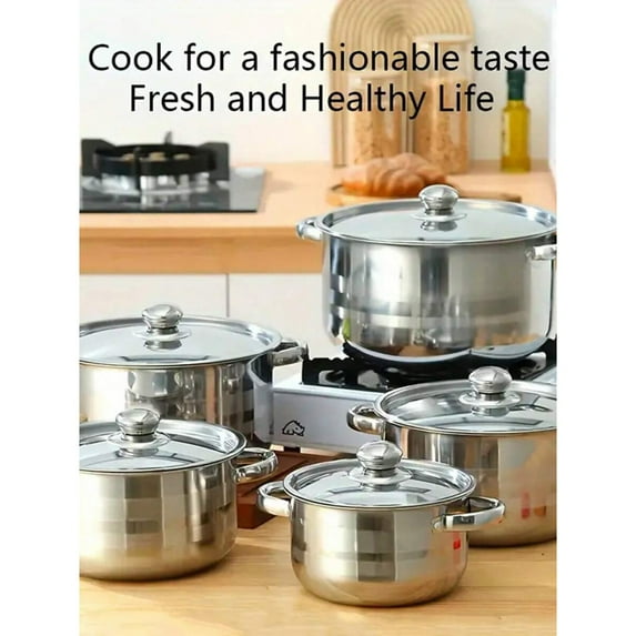 REZJSWFSMMJ 10pcs Luxury Stainless Steel Induction Cookware Set, Non-Stick Stainless Steel Pots With Lids In 5 Sizes (6.3" - 7" - 7.9" - 8.6" - 9.4")