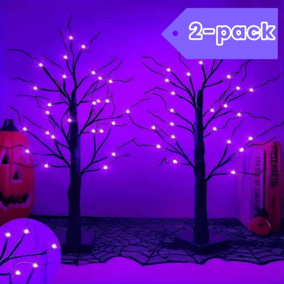 REZJSWFSMMJ 2-Pack, 2 Feet. 24 LED Ghost Tree Lights, Horror Black Orange, Purple, Halloween Decorations, Battery-Powered Desktop Light Tree, Halloween Party Supplies,Purple