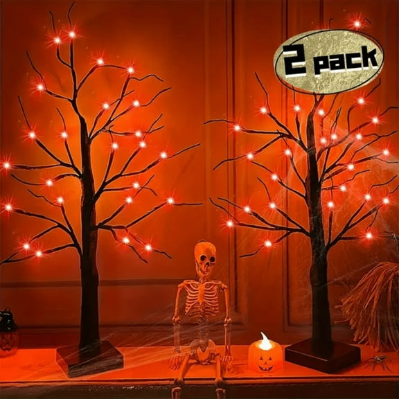 REZJSWFSMMJ 2-Pack, 2 Feet. 24 LED Ghost Tree Lights, Horror Black Orange, Purple, Halloween Decorations, Battery-Powered Desktop Light Tree, Halloween Party Supplies,Orange