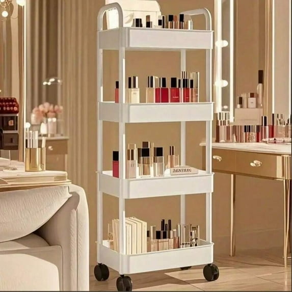 REZJSWFSMMJ 4-Tier Plastic Rolling Utility Cart with Handle, Multi-Functional Storage Trolley for Office, Living Room, Kitchen, White