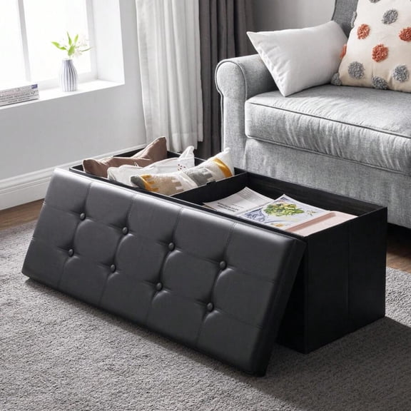 REZJSWFSMMJ 43 Inches Folding Storage Ottoman Bench Storage Chest Footrest Padded Seat Faux Leather,Black