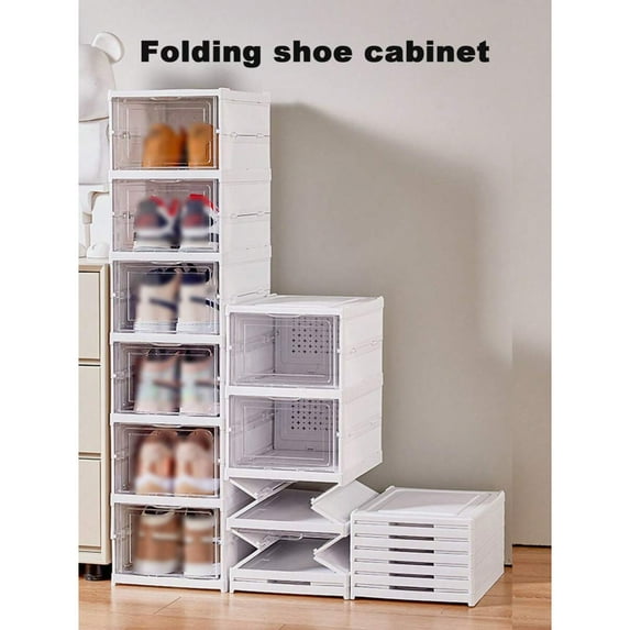 REZJSWFSMMJ 6-TierDrop Front Shoe Storage Box, Storage Bin with Clear Door, Free Standing Shoe Shelf Cabinet with Lid, Plastic Shoe Rack