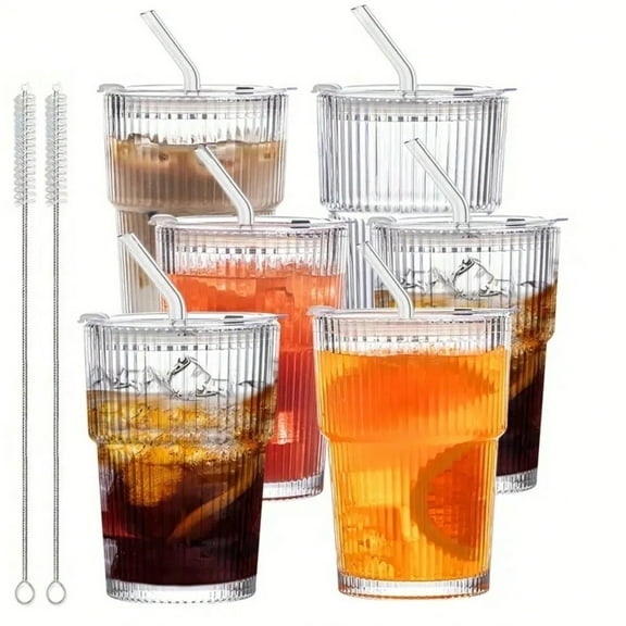 REZJSWFSMMJ 6Pack 12oz Glass Cups with Lids and Straws Iced Coffee Cups Vintage Ribbed Glassware for Beer Ice Coffee Fruit Juice Elegant Aesthetic Cup Glass Iced Coffee Tumbler