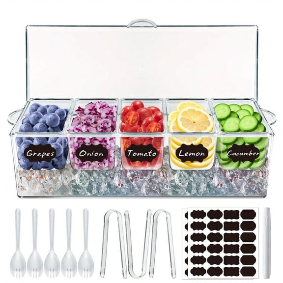 REZJSWFSMMJ Chilled Condiment Server Tray, Bar Fruit Caddy With Lid And 5 Removable Compartments, Clear Ice Condiment Serving Tray For Party, Toppings Bar Container