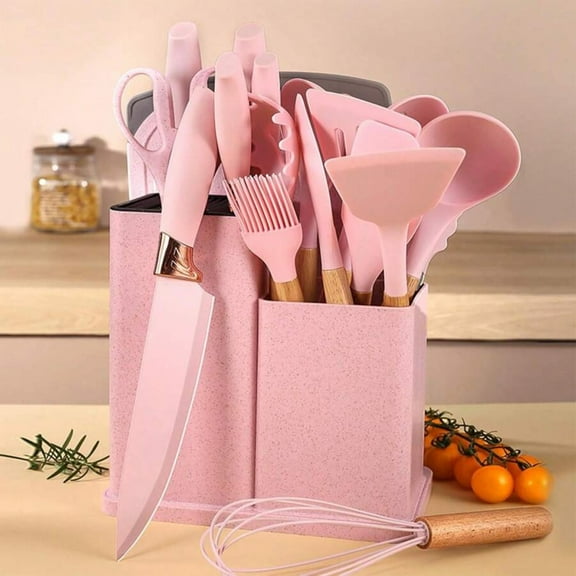 REZJSWFSMMJ Kitchen Knife Set With Block, Pink 19PC Silicone Kitchen Utensil Set And Stainless Steel Knife Set, Non-Stick Sharp Chef Knife And Cooking Utensils Gift For Women Family (19 In 1)