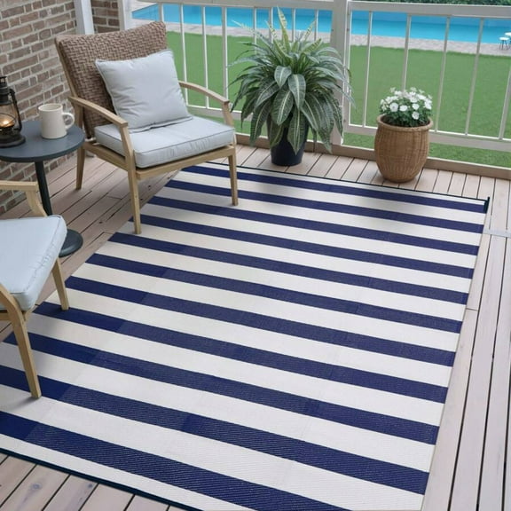 REZJSWFSMMJ Outdoor Waterproof Patio Rug 5X8 6x9 8X10 Plastic Straw Reversible Lightweight Outside Blue White Stripe Large Carpet Outdoor