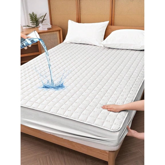 REZJSWFSMMJ Waterproof Fitted Bedding Sheet, 11.8 Inch Deep Pocket Cooling Breathable Quilted Square Lattice Fitted Sheet, Dustproof, Comfortable ,White