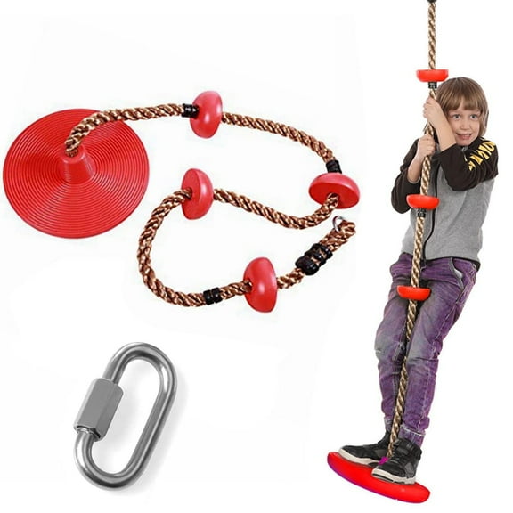 REZNOR Platform Disc Tree Swing Seat Climbing Knot Rope with Carabiner Hook Kids Outdoor Playground Set, Red