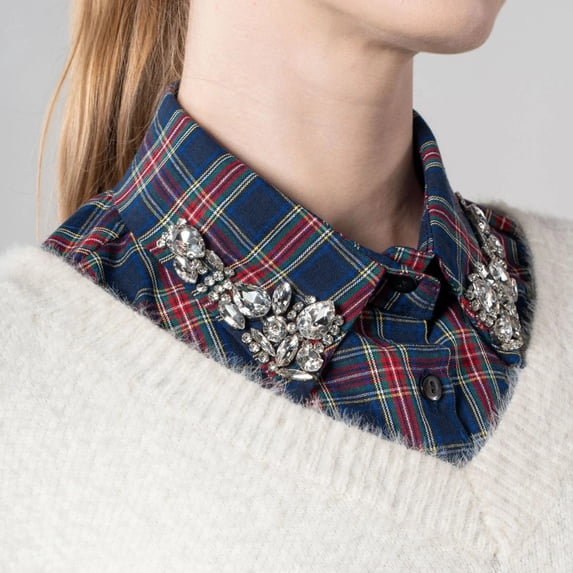 REZUOFI 3 Pcs Red Plaid Rhinestone Detachable Collar - Sparkling Christmas Faux Shirt Collar for Women, Adjustable False Collar Blouse Accessory for Holiday Parties & Office Events
