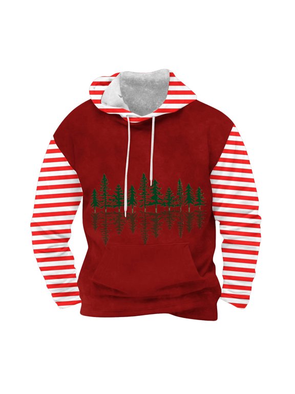Men's Christmas Hoodie, with striped Print, relaxed fit, soft breathable fabric, drawstring hood, long sleeve, for Christmas Market Strolls